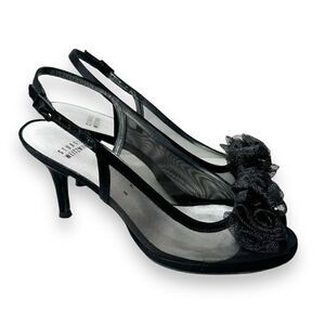Stuart Weitzman Floral Mesh Ruffle Embellishment Slingback Pumps Black Size 8 M